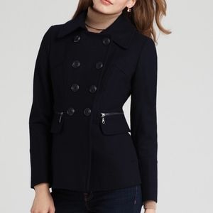 DKNY black wool blend double breasted pea coat